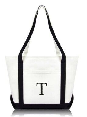 Medium Personalized Tote Bag Monogram Letter T in Black
